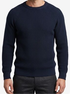 FRENCH CONNECTION Men's Navy Blue Thick Cotton Waffle Knit Crewneck Sweater